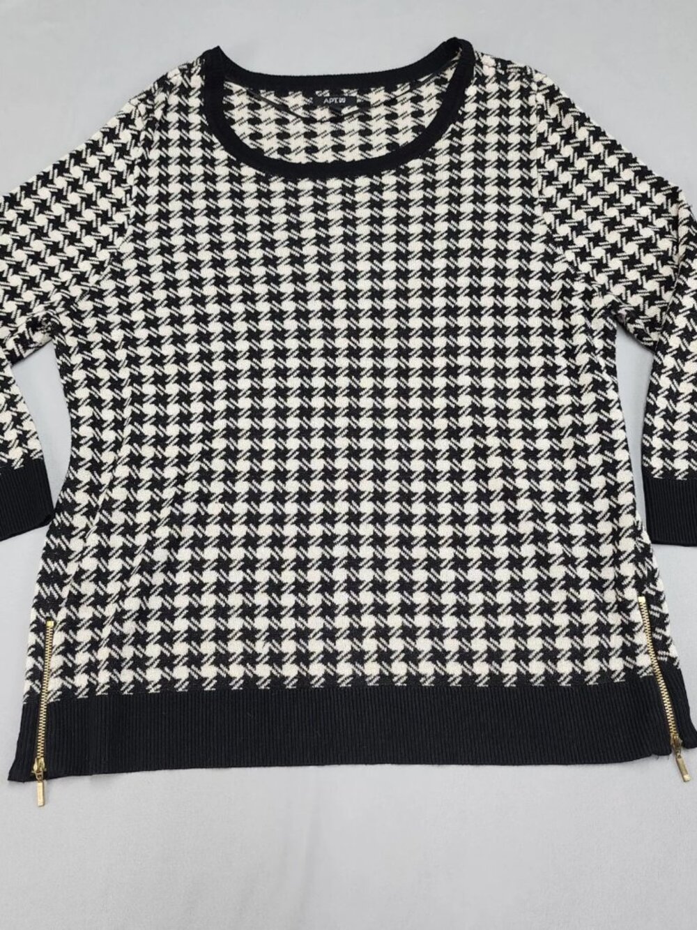 Apt. 9 Womens XL Sweater Black White Houndstooth Metallic 3/4 Sleeve Pullover
